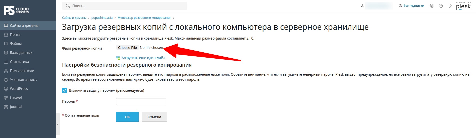 Выбор файла резервной копии
